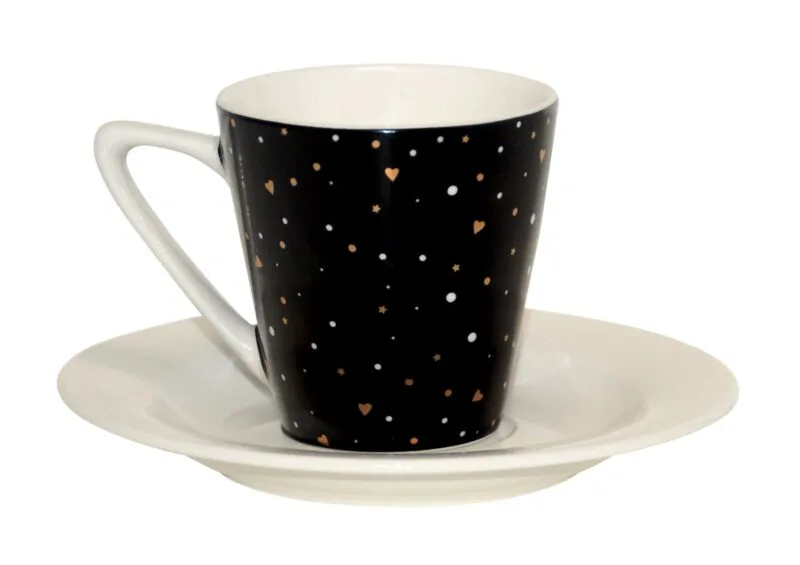 Ein Set aus einer Espresso-Tasse bzw. Mokkatasse mit Untertasse Modell Glitter schwarz von Dutch Rose Amsterdam. 75 ml Fassungsvermögen.