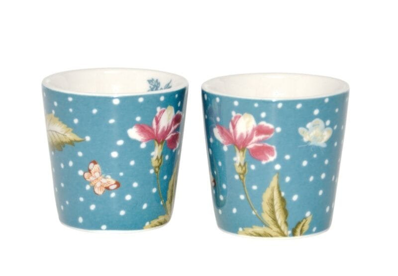 Ein Eierbecher - Set 2 teilig aus Porzellan blau mit weißen Punkten und Blumen Motiv Seaspray Uni Heritage Collectables design by Laura Ashley.