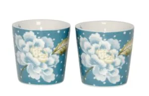Ein Eierbecher - Set 2 teilig aus Porzellan blau mit weißen Punkten und Blumen Motiv Seaspray Uni Heritage Collectables design by Laura Ashley.