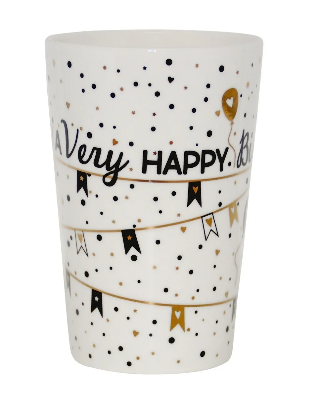 Eine Jumbotasse XXL Kaffeebecher Motiv Happy Birthday weiß von Dutch Rose Amsterdam mit ca. 400 ml Volumen.