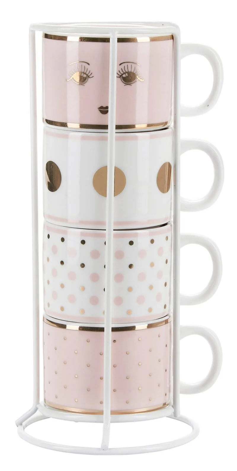 Ein 4er Set stapelbarer Espressotassen rosa-weiß mit Gestell von Miss Etoile aus Knochenporzellan.