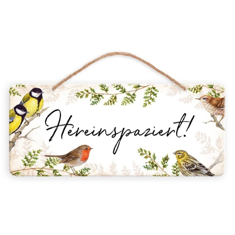 Ein Blechschild Gartenvögel von Grätz aus Blech.