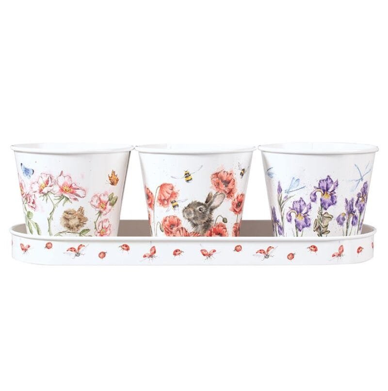 Ein 3er Set Kräutertöpfe mit Tablett Floral von Wrendale 33x11x2_5cm.