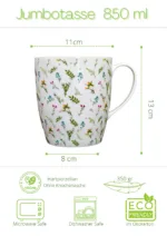 Eine vegane_ sommerliche 850 ml XXL Jumbotasse Wiesenblumen aus Hartporzellan von Lucy’s Homedesign_ inklusive passender Öko Geschenkbox 349 Gramm.