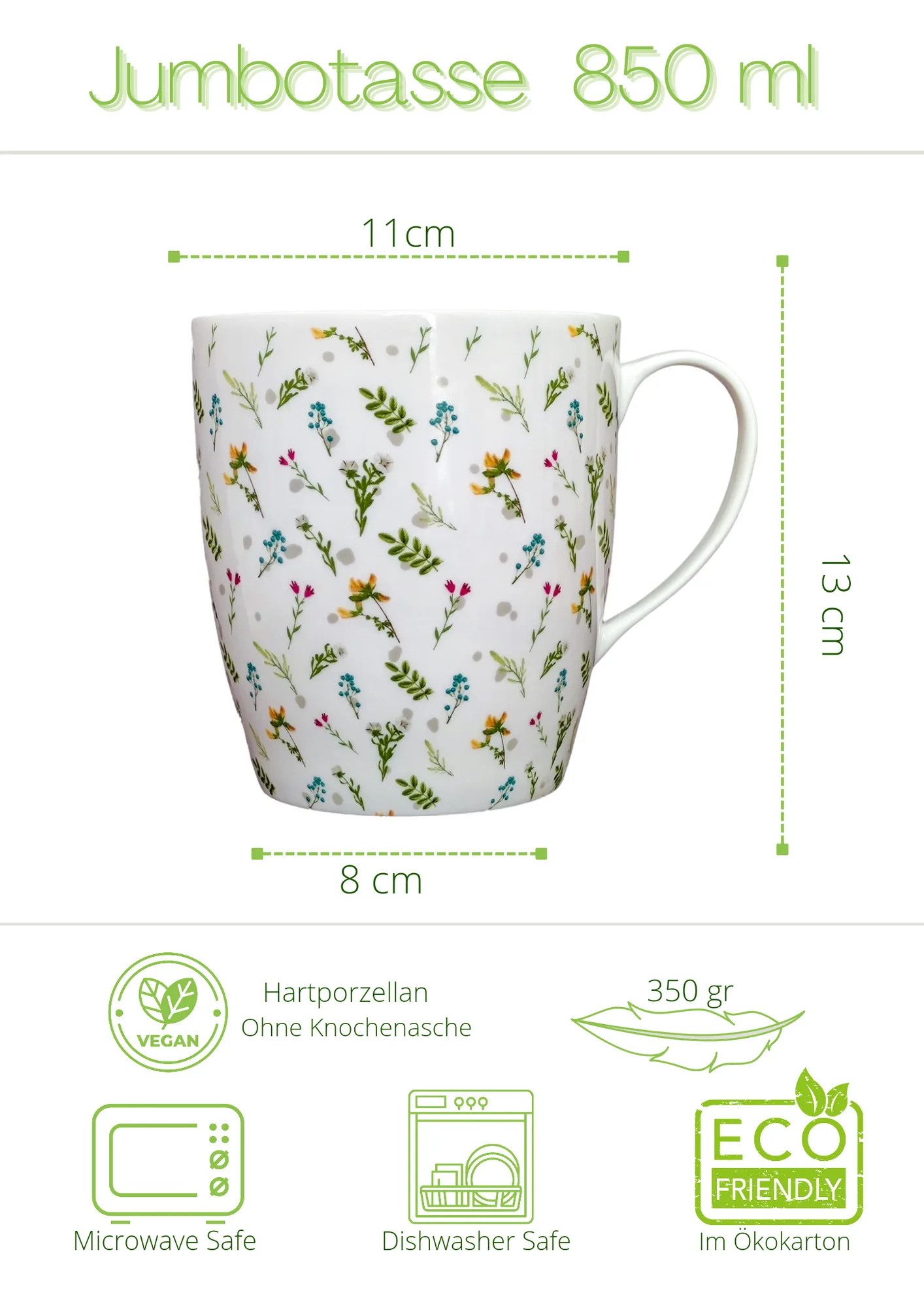 Eine vegane_ sommerliche 850 ml XXL Jumbotasse Wiesenblumen aus Hartporzellan von Lucy’s Homedesign_ inklusive passender Öko Geschenkbox 349 Gramm.