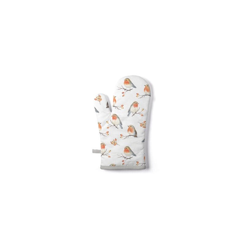 Ein Ofenhandschuh Rotkehlchen Familie von Ambiente aus Baumwolle und Polyester 18x30cm.