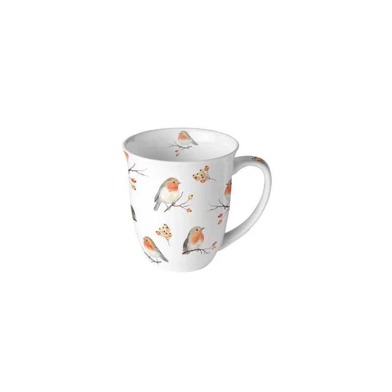 Eine Kaffeetasse Rotkehlchen Familie von Ambiente aus Knochenporzellan 400 ml.