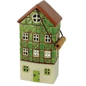 Ein Windlicht Haus Grün von Holzwurm aus Keramik 13x9_5x26_5 cm.