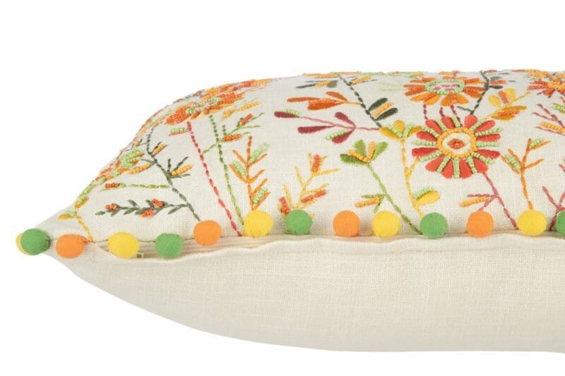 Kissen Rechteckig Blume+Pompons Baumwolle Weiß Orange 65x35x15cm