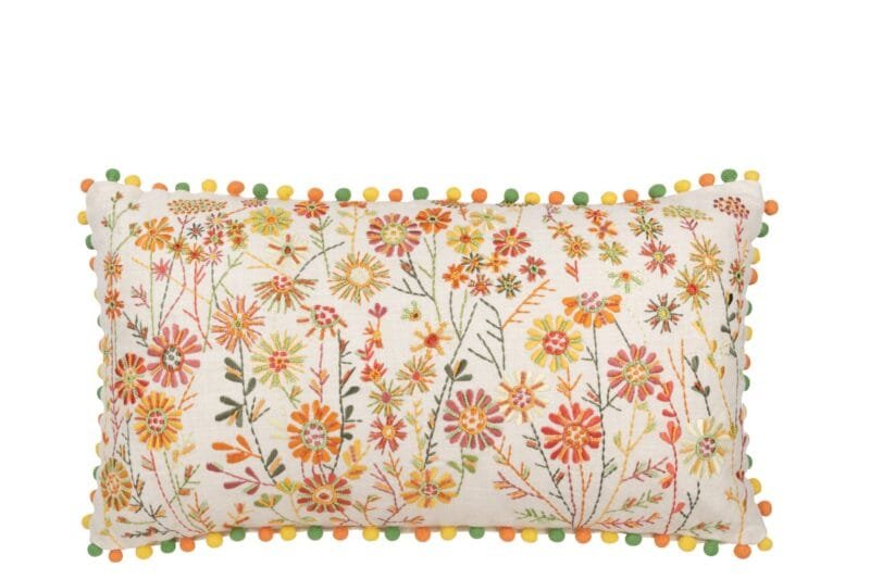 Kissen Rechteckig Blume+Pompons Baumwolle Weiß Orange 65x35x15cm