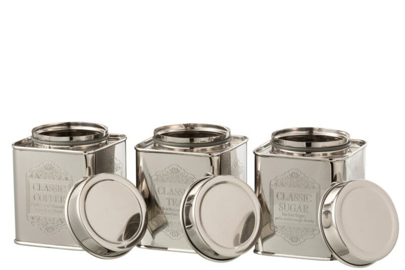 KG Vorratsdose Kaffee Zucker Tee Edelstahl Silber Small 3x Sortiert 10x10x12cm 750ml Silberne Metalldosen für Kaffee, Tee und Zucker, offen.