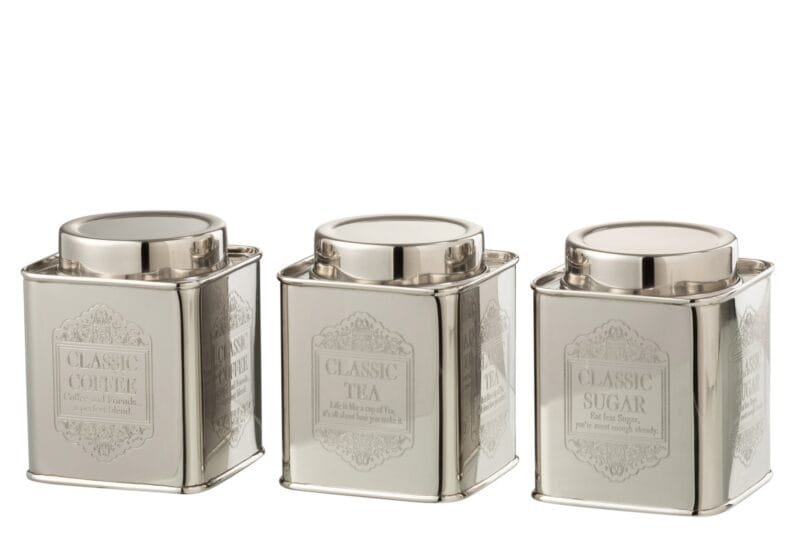KG Vorratsdose Kaffee Zucker Tee Edelstahl Silber Small 3x Sortiert 10x10x12cm 750ml Drei silberne Vorratsdosen für Kaffee, Tee und Zucker.