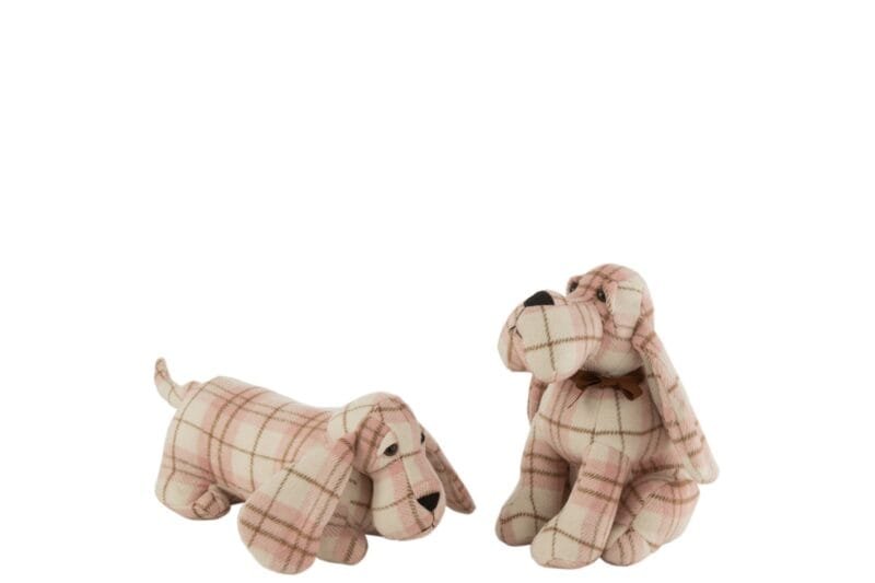 KG Türstopper Hund Kariert Textil Weiß Rosa 2x Sortiert 17x16x33cm Zwei karierte Stoffhunde auf weißem Hintergrund.