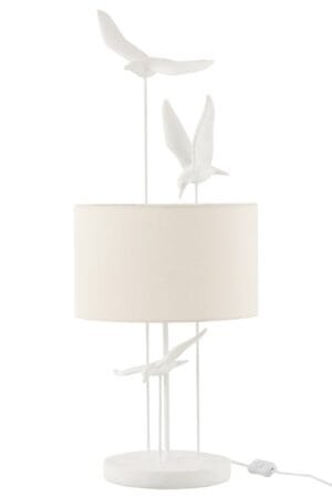 Tischlampe mit Vögeldesign und Stoffschirm.