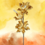 Drei goldene Blumen vor gelbem Aquarellhintergrund.
