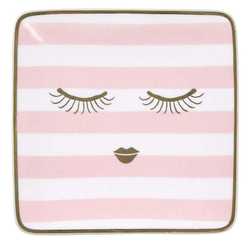 Miss Etoile Snackteller Closed Eyes Pink 12cm Rosa-weiß gestreifter Teller mit geschlossenen Augen und Lippenmotiv.