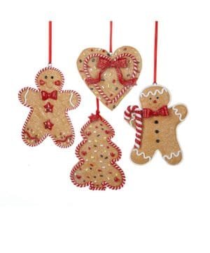 Lebkuchen-Ornamente in Form von Herzen, Männchen und Tannenbaum.