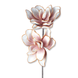 Zwei rosa-weiße künstliche Blumen mit goldenen Rändern.