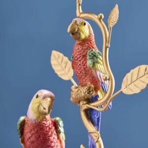 Bunte Papageien auf goldenen Ästen vor blauem Hintergrund.