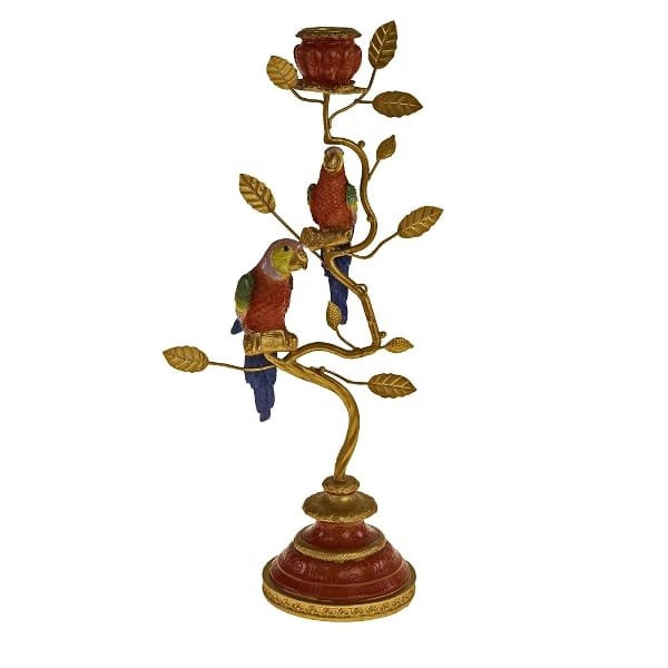 5165-Kerzenleuchter-Papageien-rot-gold-Polyresin-Metall-9x16x33-B74046_3.jpg Papageien-Kerzenhalter, kunstvoll mit goldfarbenen Ästen und Blättern verziert.
