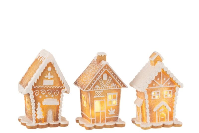 5316-HAUS-LED-LEBKUCHEN-BR-WE-3x-sortiert-12x9x17-5cm-B74197.jpg Drei beleuchtete Lebkuchenhäuser vor weißem Hintergrund.