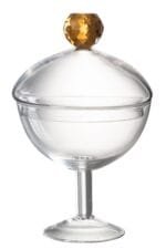 Klarer Glasbehälter mit goldenem Deckelknauf.