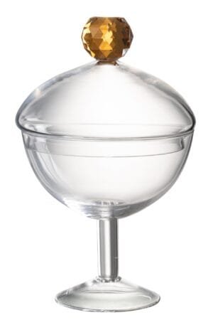 Klarer Glasbehälter mit goldenem Deckelknauf.