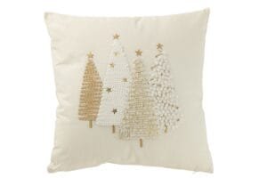 Beige Kissen mit gestickten Weihnachtsbäumen.