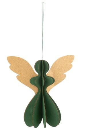Papierengel in Grün und Gold als Weihnachtsdekoration.