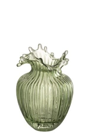 Grüne Glasvase mit einzigartigem Design und geriffelter Struktur.