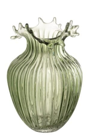 Transparente Glasvase mit wellenförmigem Rand, kunstvoll gestaltet.