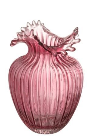Rosa Glasvase mit kunstvoll gewelltem Rand.