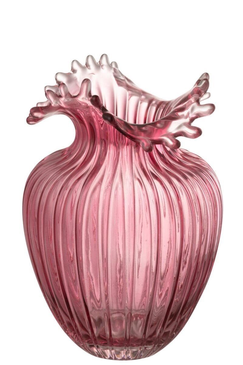 Rosa Glasvase mit kunstvoll gewelltem Rand.